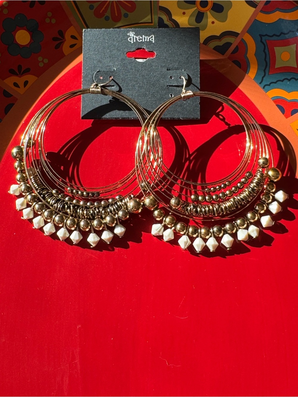 Gold Hoop Earrings with White Bead Fringe by